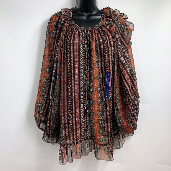 Lucky Brand Womens Rust Persian BOHO Print Stripe Chiffon Blouse Top Size XL NWT - Picture 1 of 13